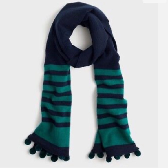 🚨MAKE AN OFFER🚨 J Crew Oversized Blue/Green Striped Wool Scarf with Pom Poms - Picture 1 of 6